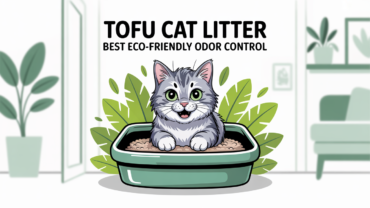 Tofu cat litter in a litter box with a cat beside it