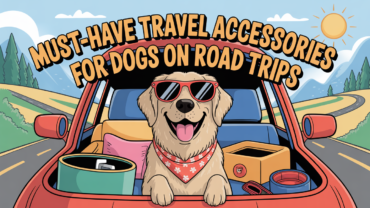 Golden Retriever sitting in a car seat harness on a road trip with travel accessories