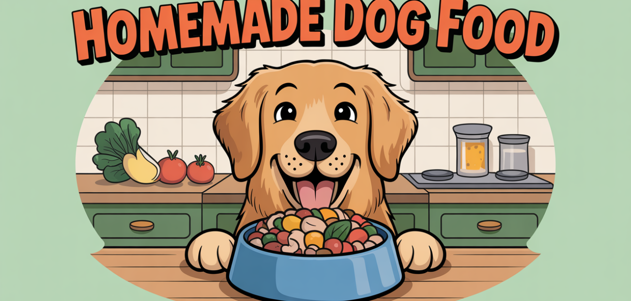 A bowl of homemade dog food with fresh vegetables and meat