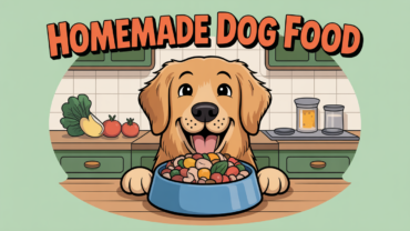 A bowl of homemade dog food with fresh vegetables and meat