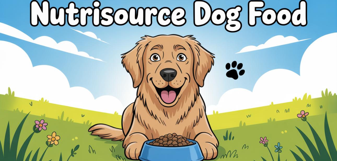 Bag of NutriSource Dog Food next to a healthy golden retriever