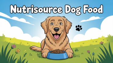 Bag of NutriSource Dog Food next to a healthy golden retriever